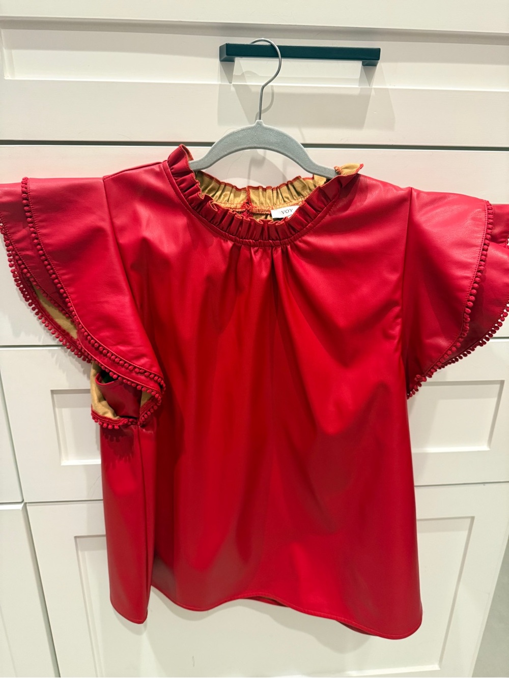 Voy red faux-leather flutter sleeve top